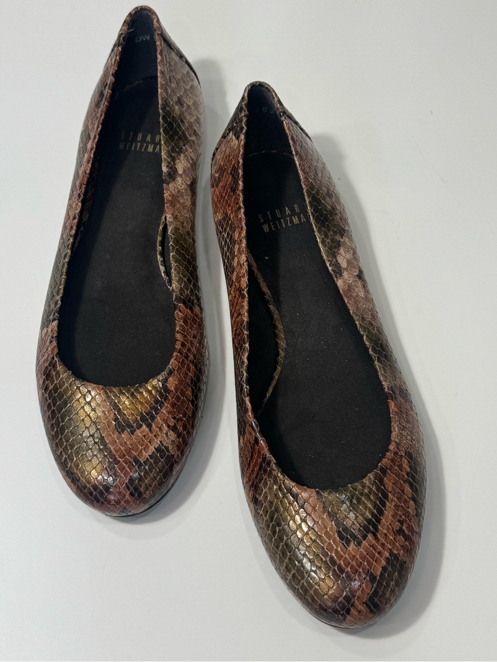 STUART WEITZMAN Metallic Brown Snake Print Ballet Flats Size 8.5